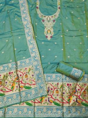 Ethnic Motifs Woven Design Zari Pure Silk Unstitched Dress Material 3