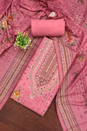 Floral Printed Sequnnied Muslin Cotton Unstitched Dress Material