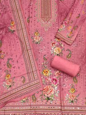 Floral Printed Sequnnied Muslin Cotton Unstitched Dress Material 2