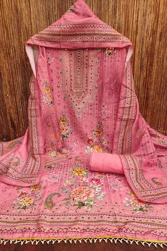 Floral Printed Sequnnied Muslin Cotton Unstitched Dress Material