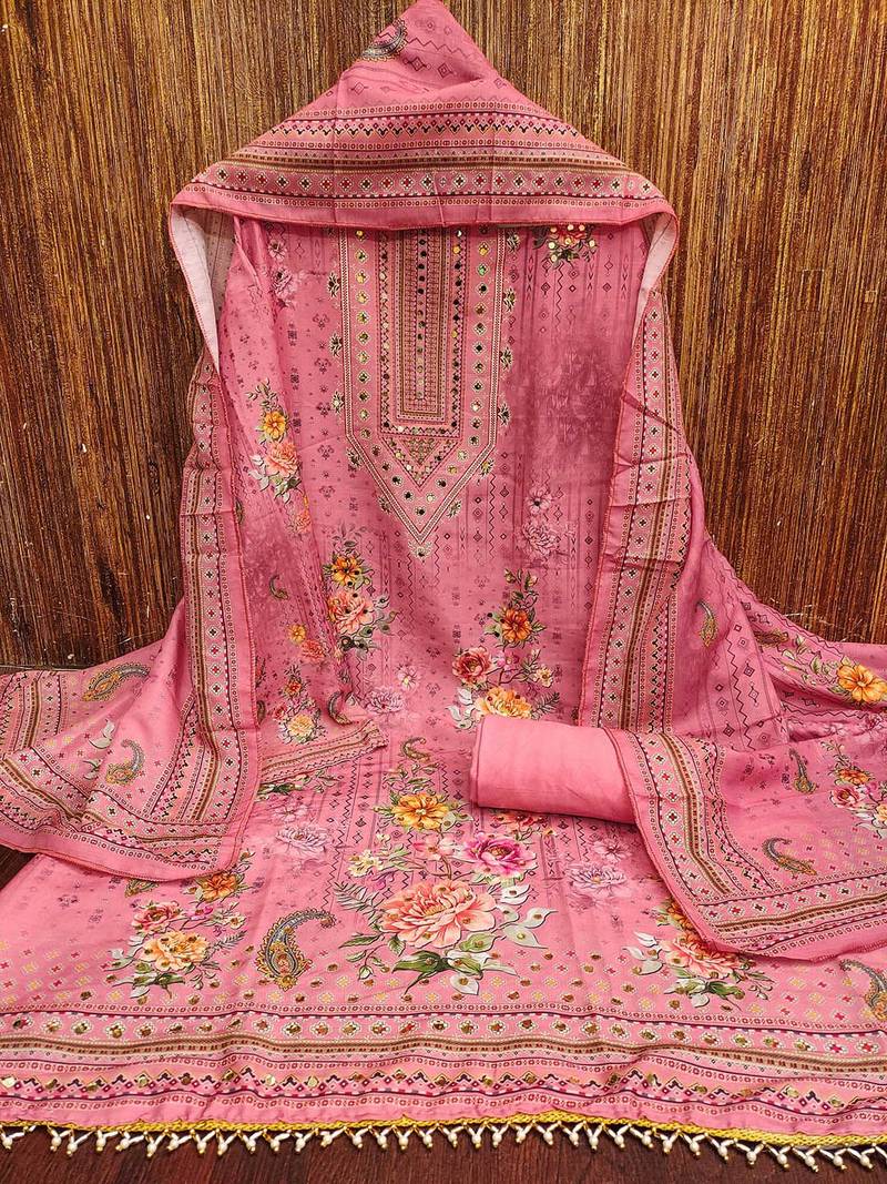 Floral Printed Sequnnied Muslin Cotton Unstitched Dress Material