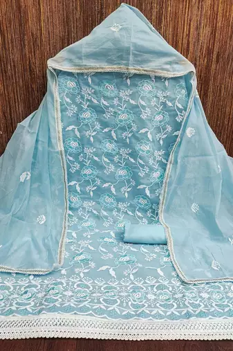 Floral Embroidered Chanderi Cotton Unstitched Dress Material
