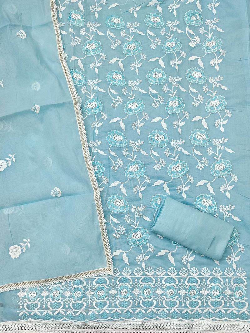 Floral Embroidered Chanderi Cotton Unstitched Dress Material