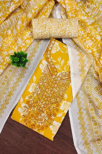 Floral Printed Sequnnied Pure Cotton Unstitched Dress Material