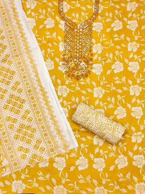 Floral Printed Sequnnied Pure Cotton Unstitched Dress Material 2