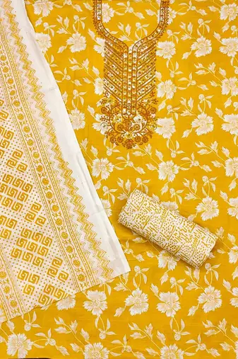 Floral Printed Sequnnied Pure Cotton Unstitched Dress Material