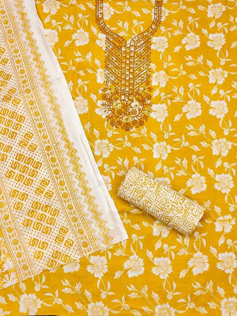 Floral Printed Sequnnied Pure Cotton Unstitched Dress Material