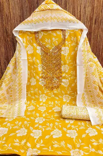 Floral Printed Sequnnied Pure Cotton Unstitched Dress Material