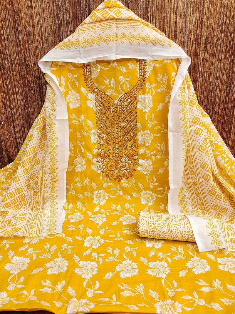 Floral Printed Sequnnied Pure Cotton Unstitched Dress Material