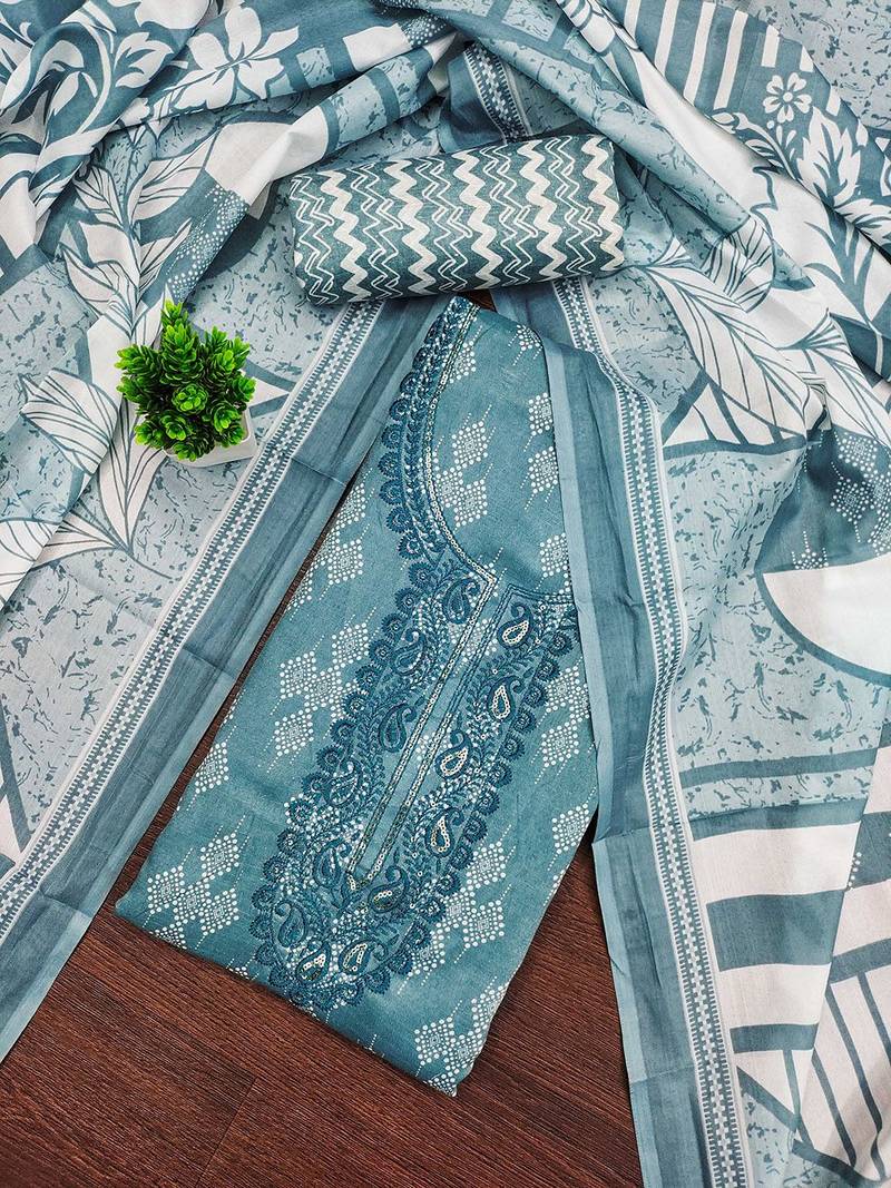 Floral Embroidered Sequinned Pure Cotton Unstitched Dress Material