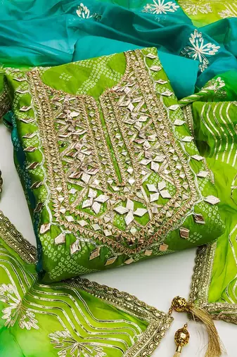 Bandhani Printed Gotta Patti Organza Unstitched Dress Material