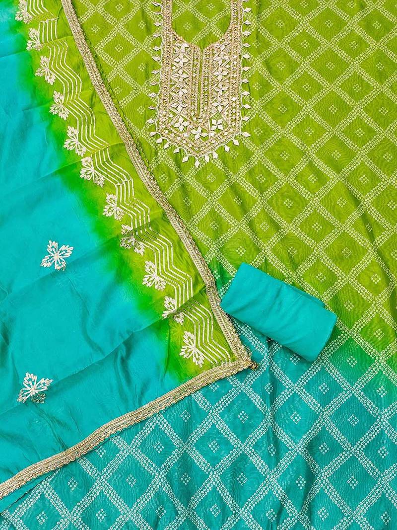 Bandhani Printed Gotta Patti Organza Unstitched Dress Material