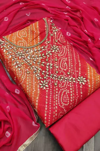 Bandhani Printed Beads And Stones Unstitched Dress Material