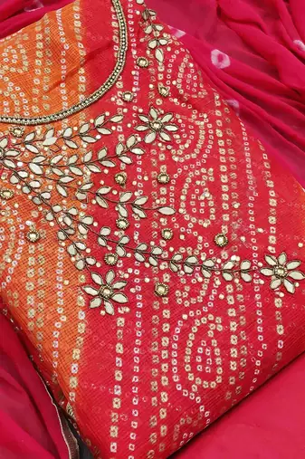 Bandhani Printed Beads And Stones Unstitched Dress Material