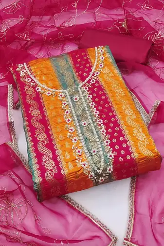Floral Woven Design Beads Work Banarasi Jacquard Unstitched Dress Material