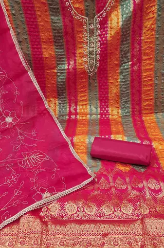 Floral Woven Design Beads Work Banarasi Jacquard Unstitched Dress Material