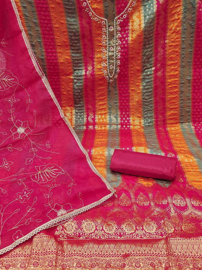 Floral Woven Design Beads Work Banarasi Jacquard Unstitched Dress Material