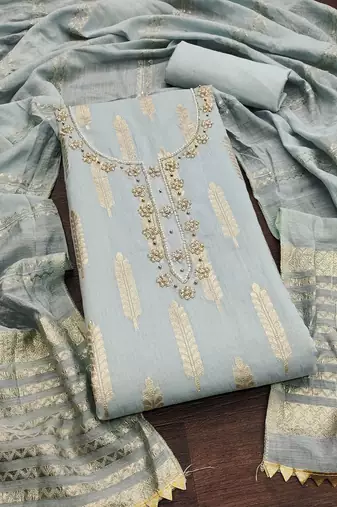 Floral Woven Design Beads Work Banarasi Jacquard Unstitched Dress Material