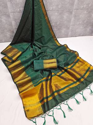 Women's purple & golden zari woven kanjivaram style silk blend saree with blouse piece 3