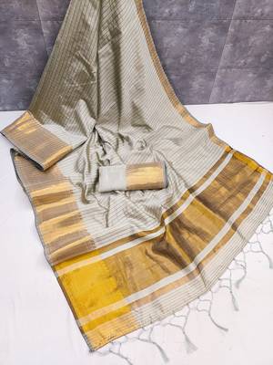 Women's grey & golden zari woven kanjivaram style silk blend saree with blouse piece 3