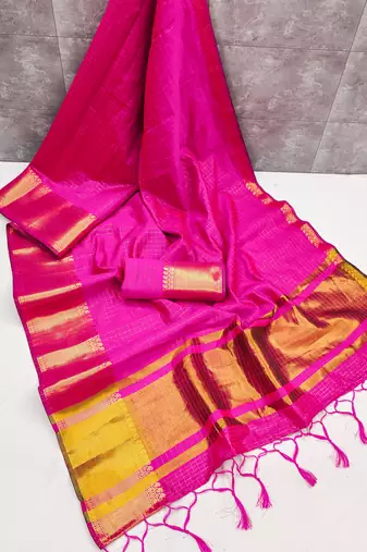 Women's pink & golden zari woven kanjivaram style silk blend saree with blouse piece