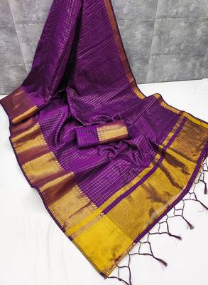 Women's wine & golden zari woven kanjivaram style silk blend saree with blouse piece 3