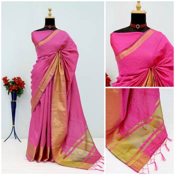 Women's pink & golden zari woven kanjivaram style silk blend saree with blouse piece 4
