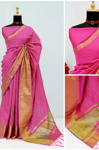 Women's pink & golden zari woven kanjivaram style silk blend saree with blouse piece