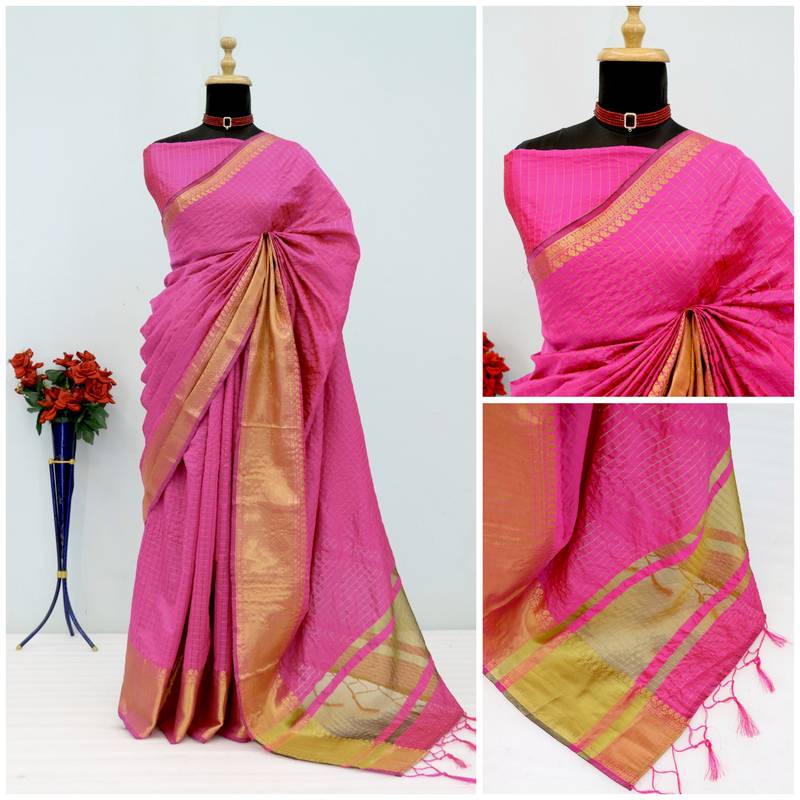 Women's pink & golden zari woven kanjivaram style silk blend saree with blouse piece