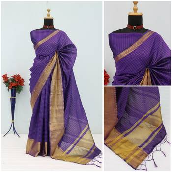 Women's violet & golden zari woven kanjivaram style silk blend saree with blouse piece 5