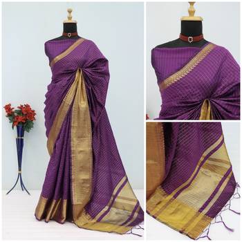 Women's wine & golden zari woven kanjivaram style silk blend saree with blouse piece 5