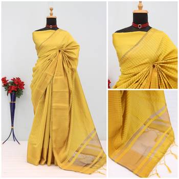 Women's yellow & golden zari woven kanjivaram style silk blend saree with blouse piece 4