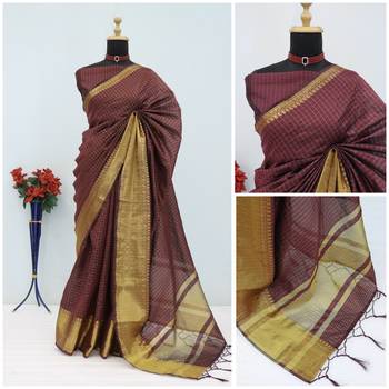 Women's brown & golden zari woven kanjivaram style silk blend saree with blouse piece 4