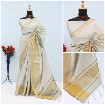 Women's grey & golden zari woven kanjivaram style silk blend saree with blouse piece 3