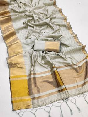 Women's grey & golden zari woven kanjivaram style silk blend saree with blouse piece 4