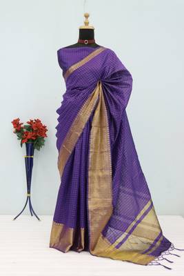 Women's violet & golden zari woven kanjivaram style silk blend saree with blouse piece 5