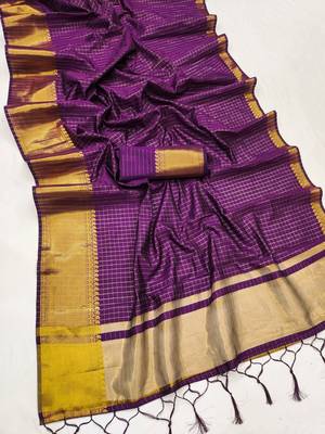 Women's wine & golden zari woven kanjivaram style silk blend saree with blouse piece 4