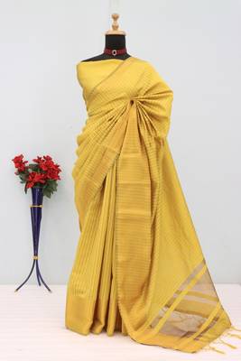 Women's yellow & golden zari woven kanjivaram style silk blend saree with blouse piece 4