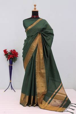 Women's purple & golden zari woven kanjivaram style silk blend saree with blouse piece 3