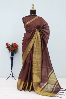 Women's brown & golden zari woven kanjivaram style silk blend saree with blouse piece 4