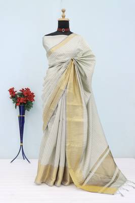 Women's grey & golden zari woven kanjivaram style silk blend saree with blouse piece 3
