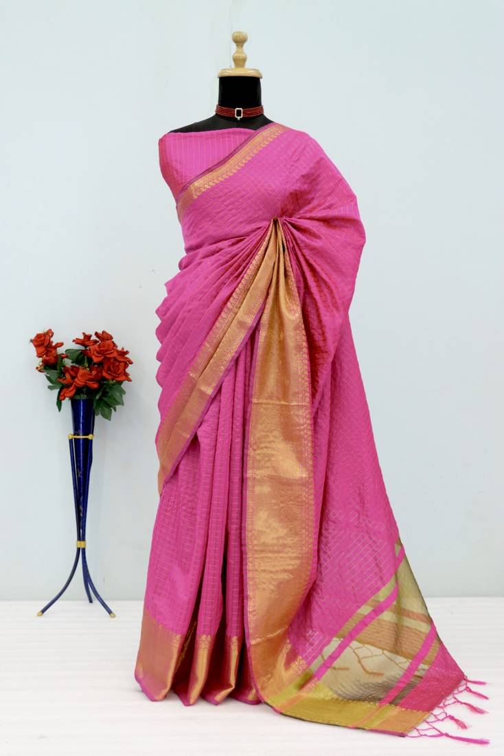Women's pink & golden zari woven kanjivaram style silk blend saree with blouse piece