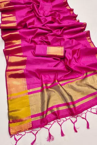 Women's pink & golden zari woven kanjivaram style silk blend saree with blouse piece