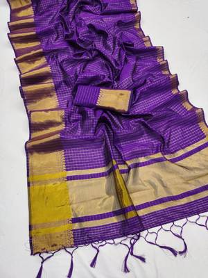Women's violet & golden zari woven kanjivaram style silk blend saree with blouse piece 4