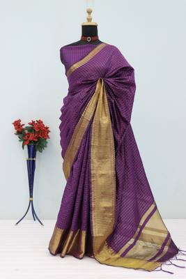Women's wine & golden zari woven kanjivaram style silk blend saree with blouse piece 3