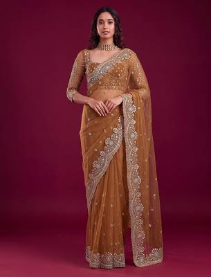 Antique bronze designer sequence embroidery work net saree 1