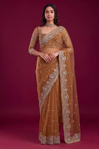 Antique bronze designer sequence embroidery work net saree