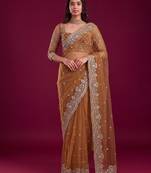 Antique bronze designer sequence embroidery work net saree