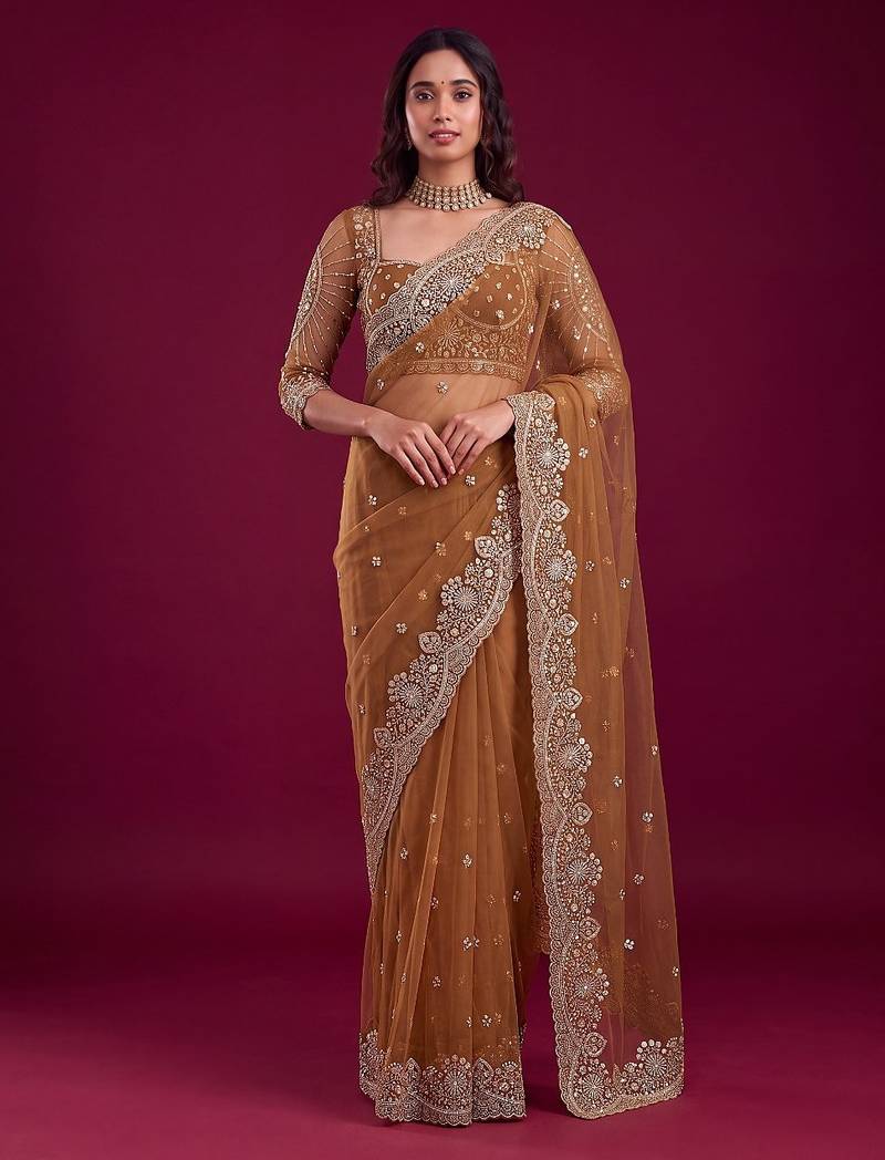 Antique bronze designer sequence embroidery work net saree