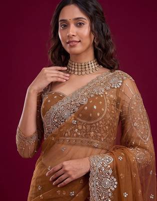 Antique bronze designer sequence embroidery work net saree 3